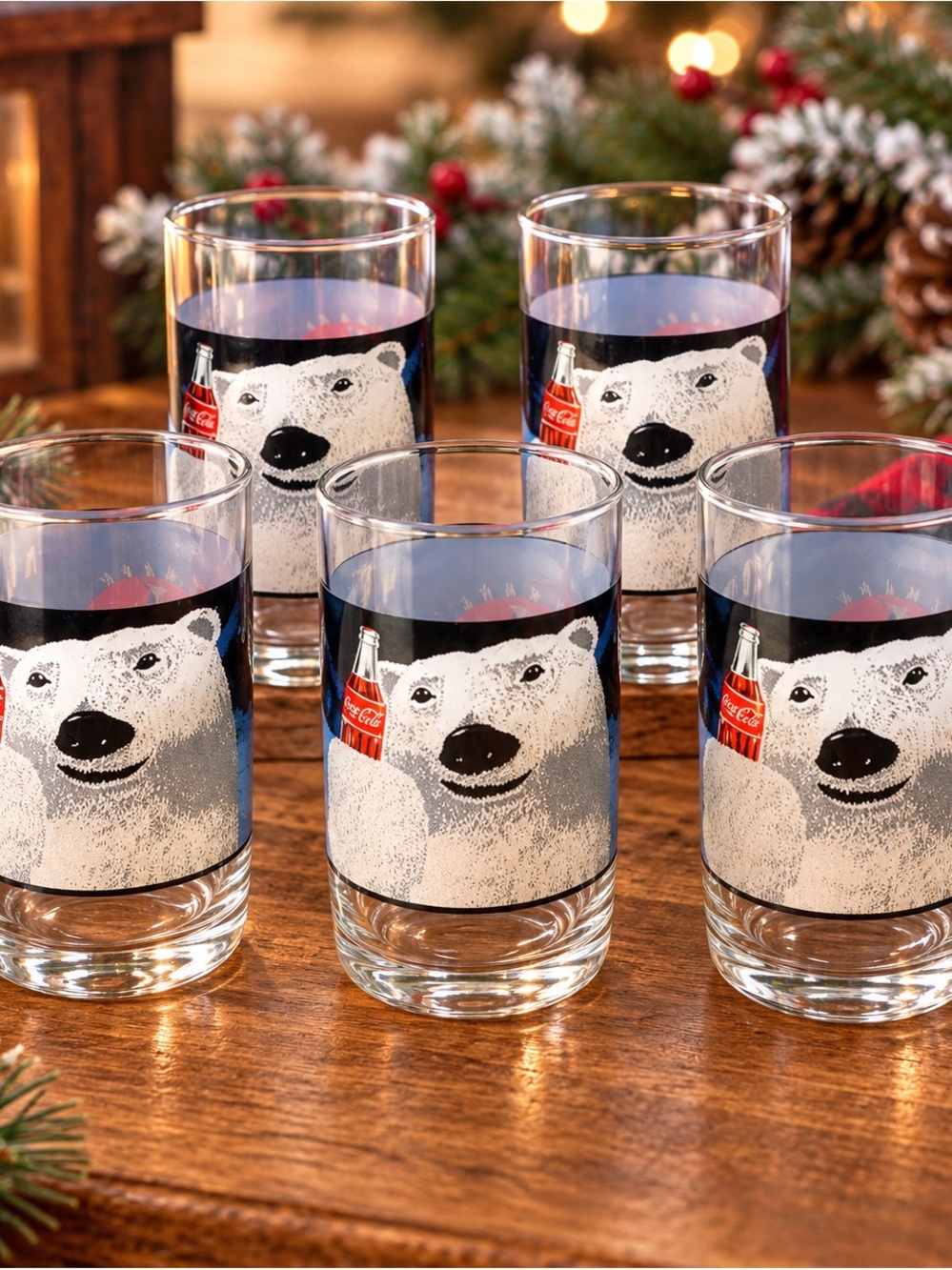 Coca Cola Polar Bear Glass Tumbler Set with Red Logo Accents